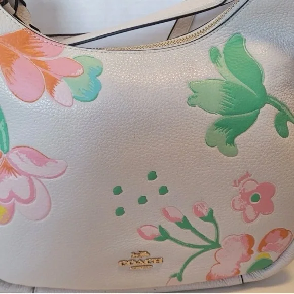 COACH FLORAL PEBBLED LEATHER SHOULDER BAG CROSSBODY WHITE PINK SPRING Y2K - Picture 3 of 14